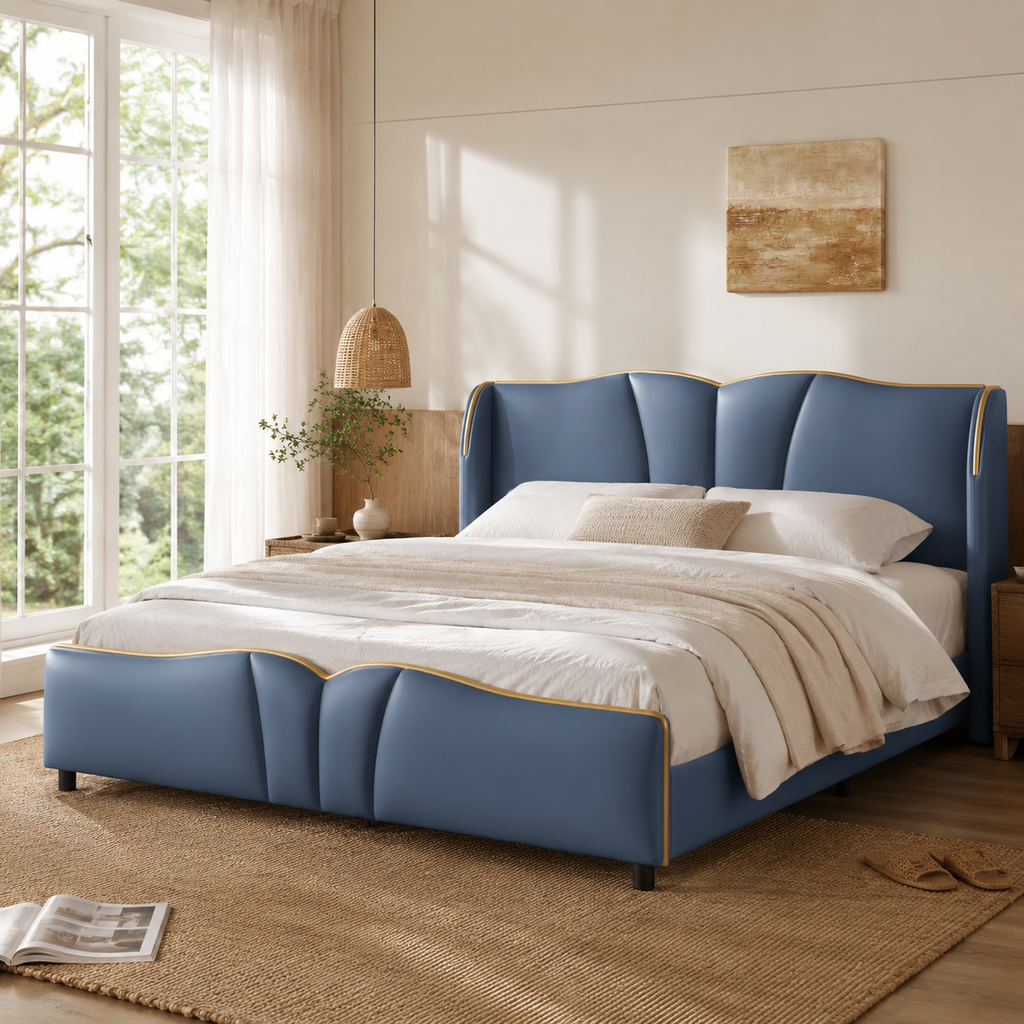 PU Leather Wingback Platform Bed