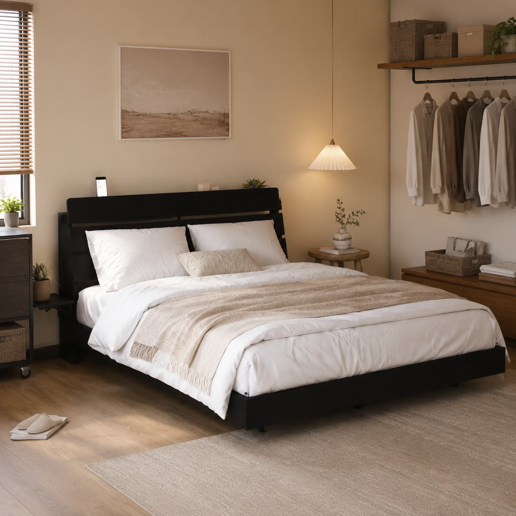 Wood Platform Bed with Bookshelf Storage Headboard
