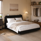 Wood Platform Bed with Bookshelf Storage Headboard
