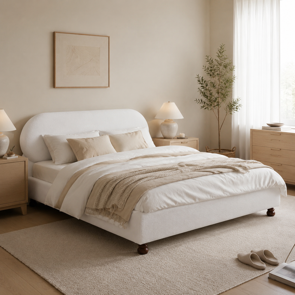 Cream Boucle Upholstered Platform Bed