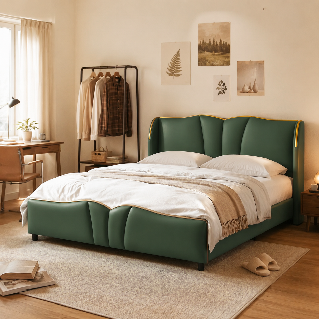 PU Leather Wingback Platform Bed