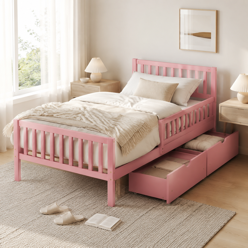 Wood Platform Bed with Guardrails on Both Sides
