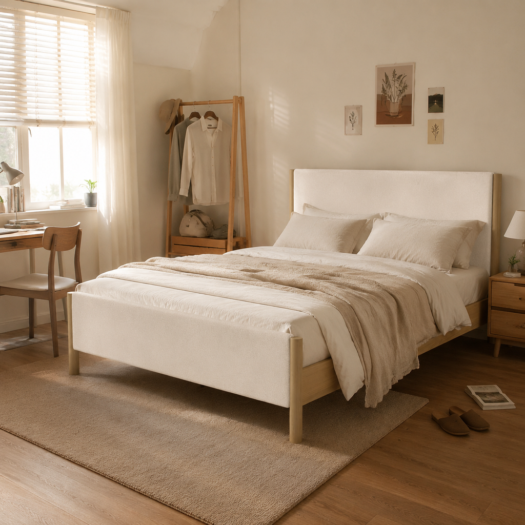 White Boucle Upholstered Platform Bed