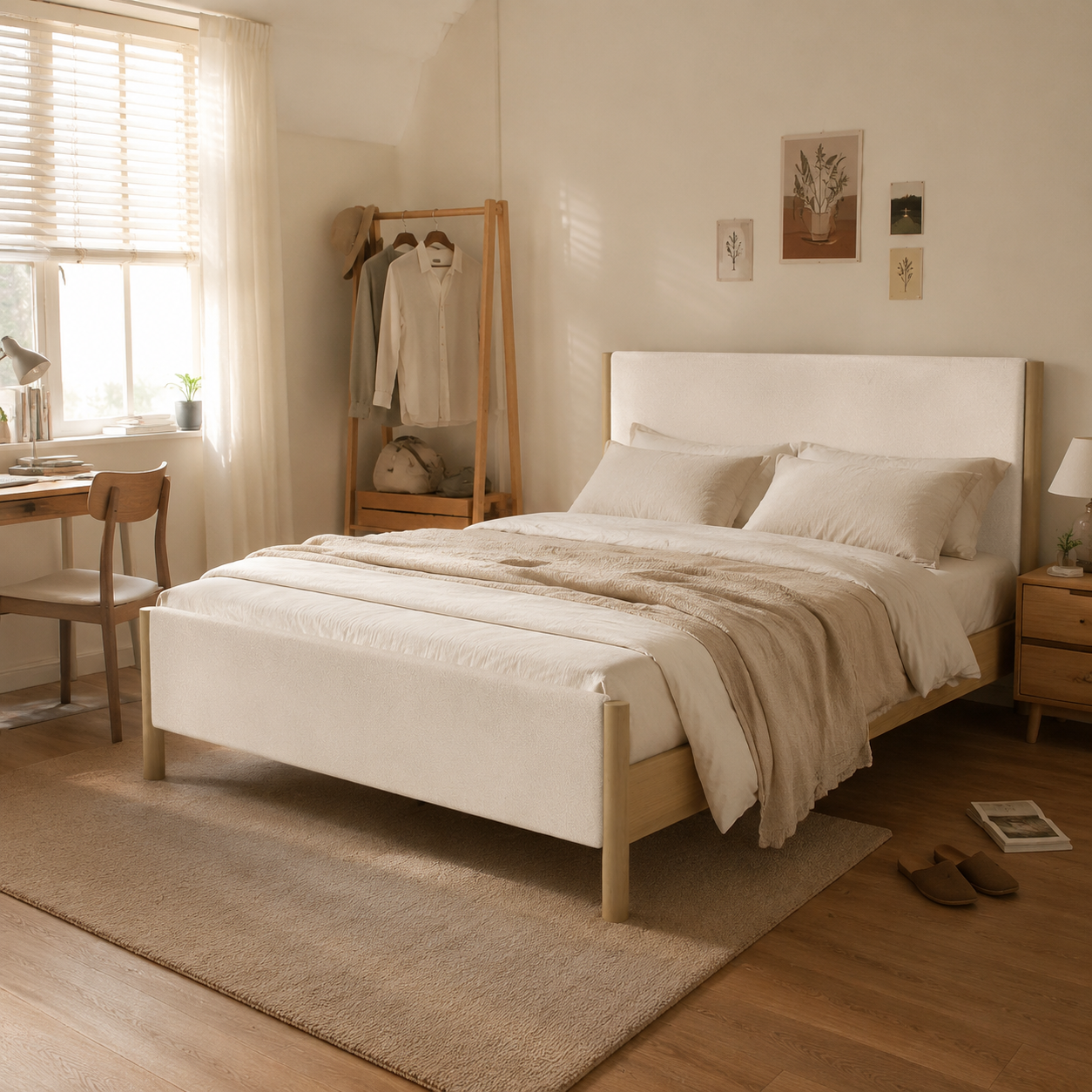 White Boucle Upholstered Platform Bed