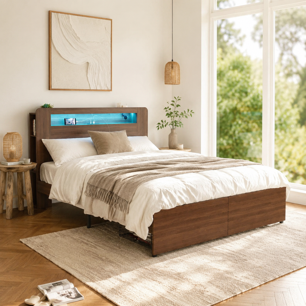 Wood Platform Bed with Bookshelf Storage Headboard