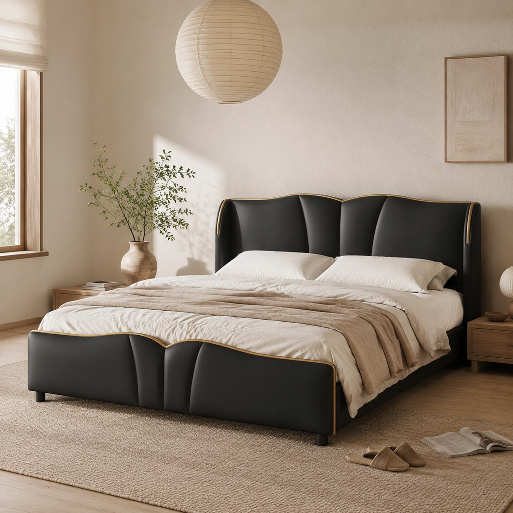 PU Leather Wingback Platform Bed