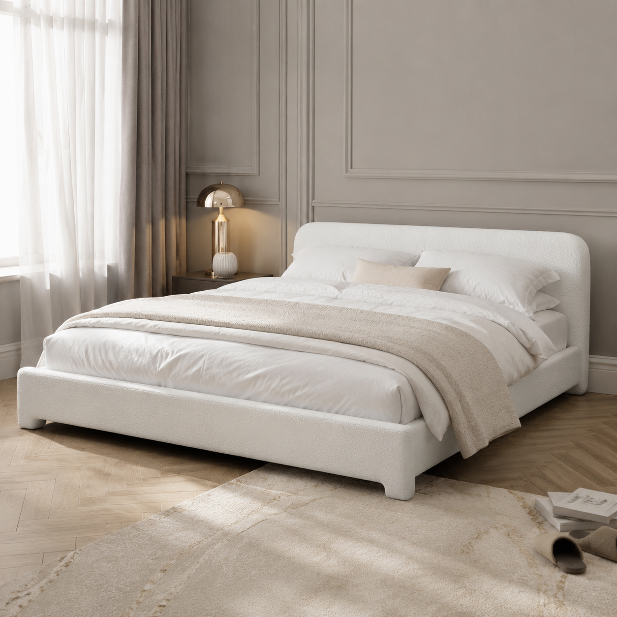 White Boucle Upholstered Low Profile Platform Bed