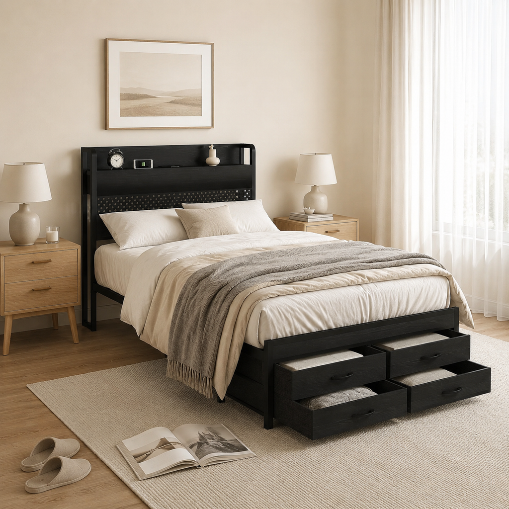 Metal Platform Bed with 4 Storage Drawers