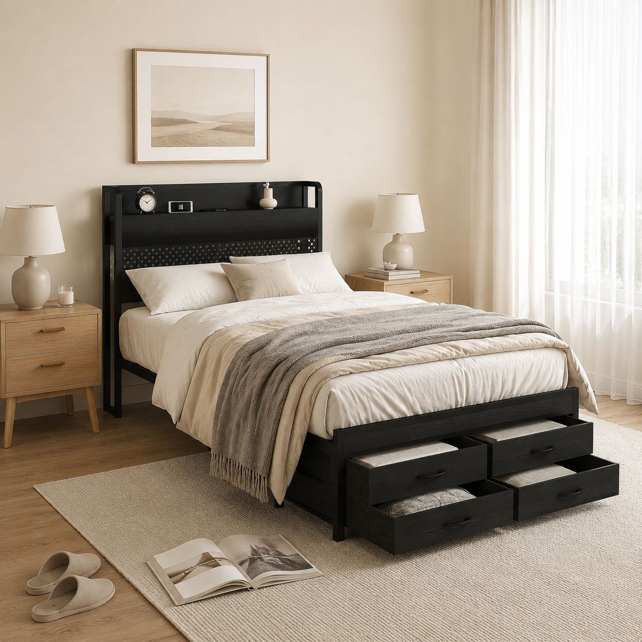 Metal Platform Bed with 4 Storage Drawers