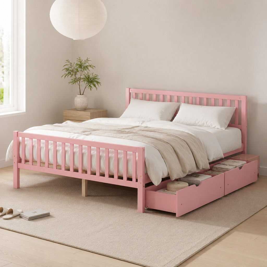 Wood Platform Bed with Guardrails on Both Sides