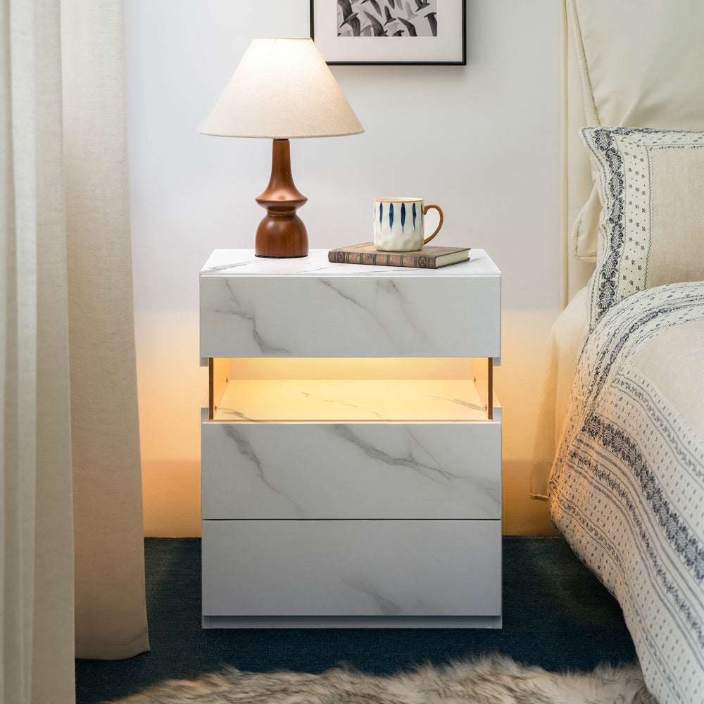 LED Nightstand with 3 Drawers & Acrylic Board — Multi-Color RGB LED Bedside Table | Modern Dresser | Spacious Nightstand Storage | Remote-Controlled Lighting | Bedroom, Living Room & Dorm | Particle Board + MDF | Grey+Gold