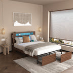 Wood Platform Bed with Bookshelf Storage Headboard