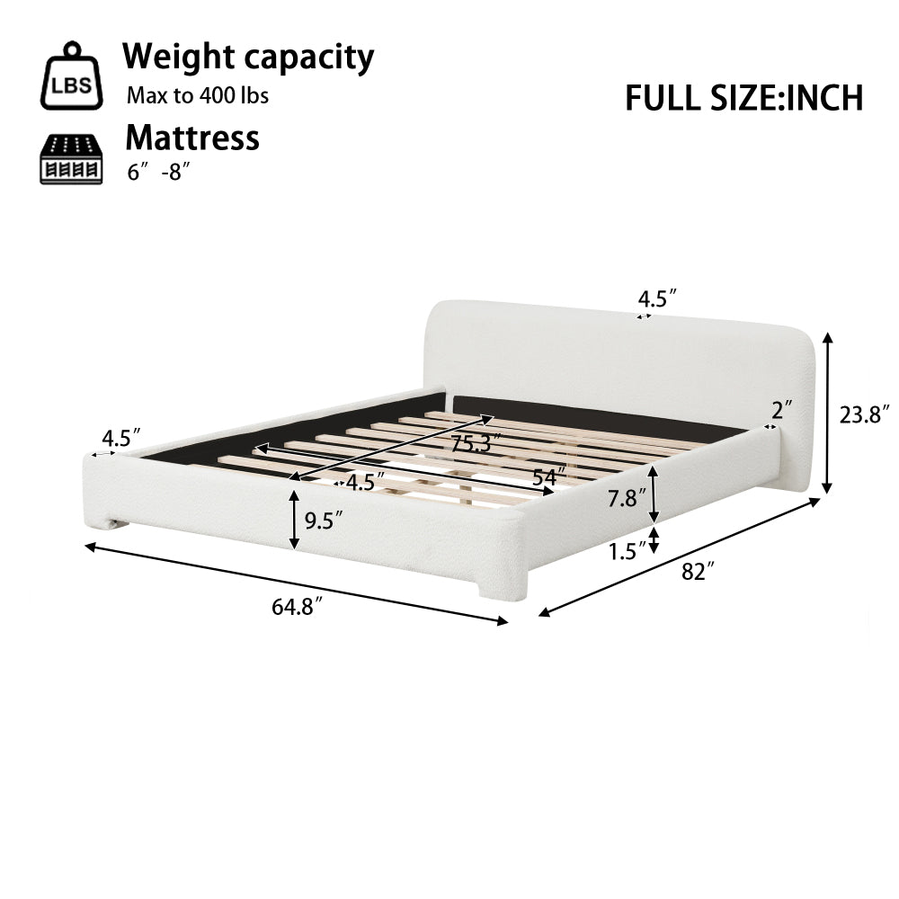 White Boucle Upholstered Low Profile Platform Bed