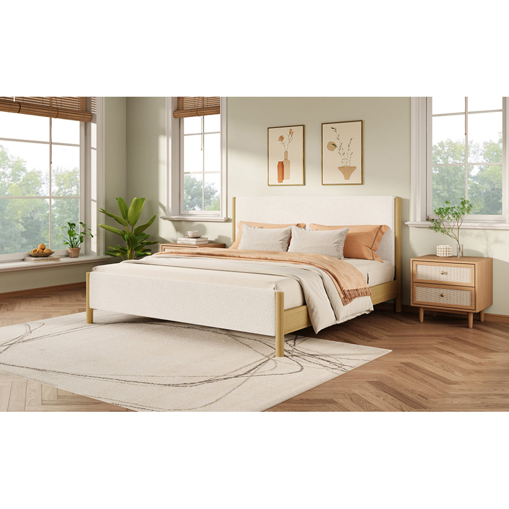 White Boucle Upholstered Platform Bed