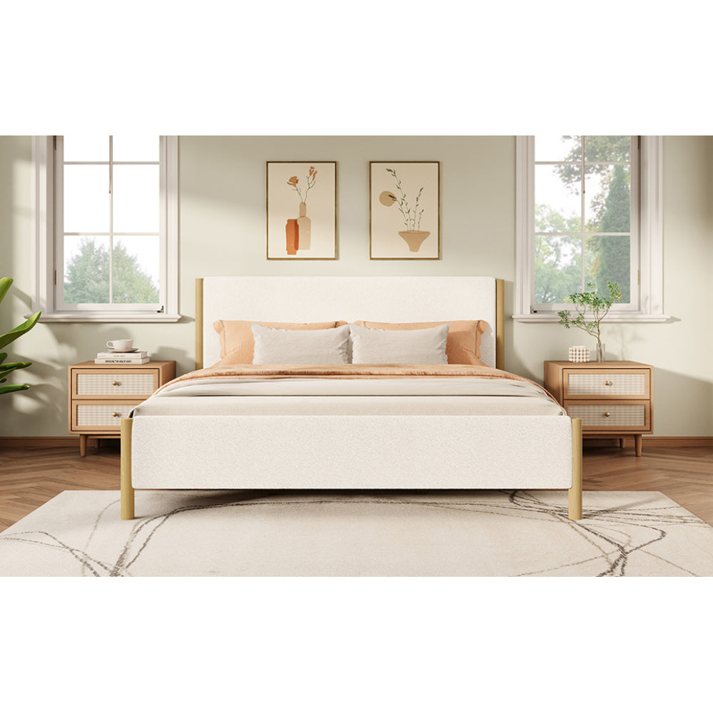 White Boucle Upholstered Platform Bed