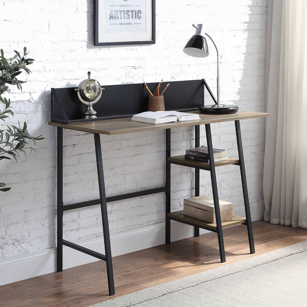 Rustic Oak and Black 2-Shelf Writing Desk