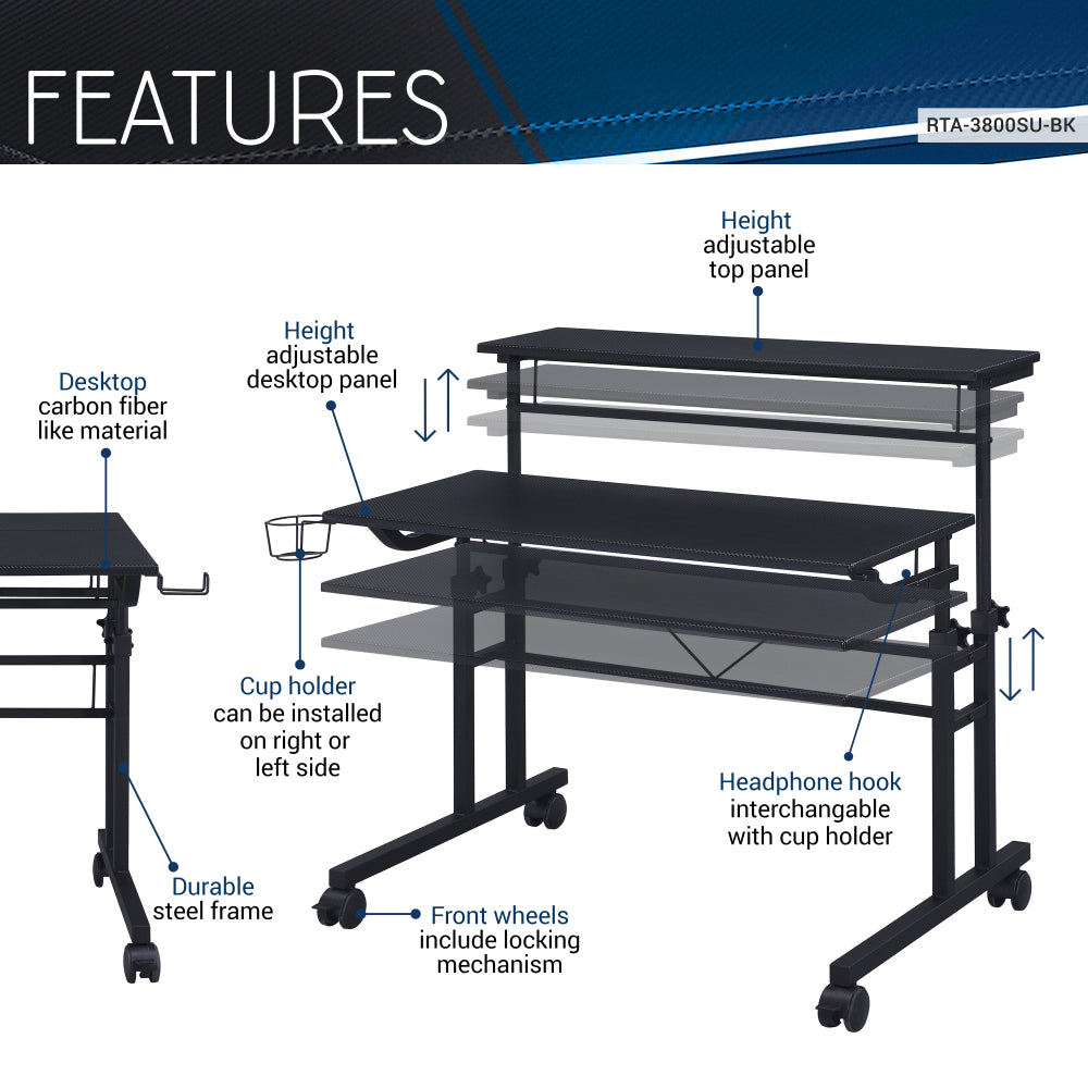 Rolling Writing Desk with Height-Adjustable
