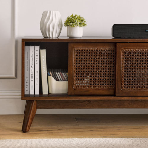 59 Inch Mid Century Modern Rattan TV Stand for 65
