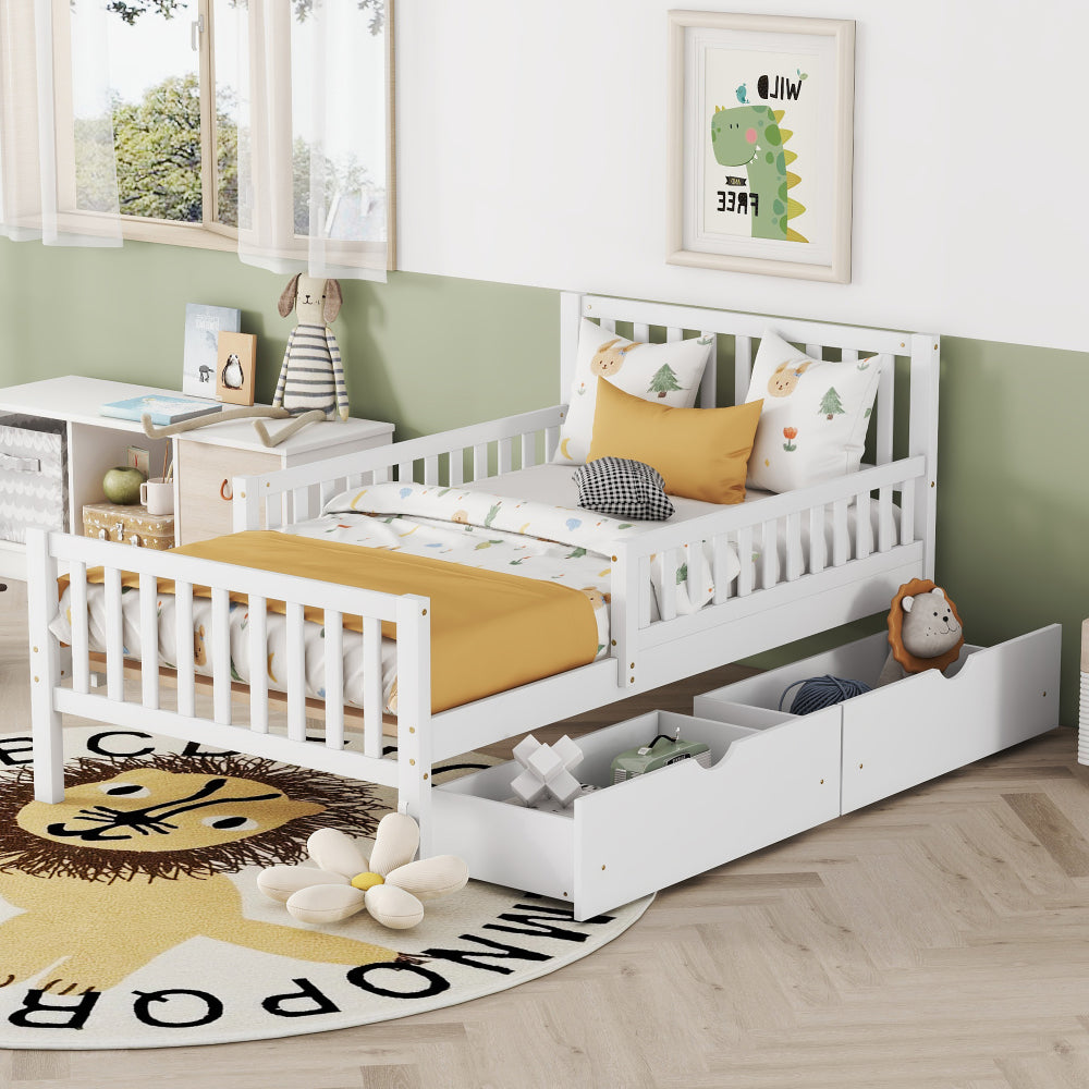 Wood Platform Bed with Guardrails on Both Sides