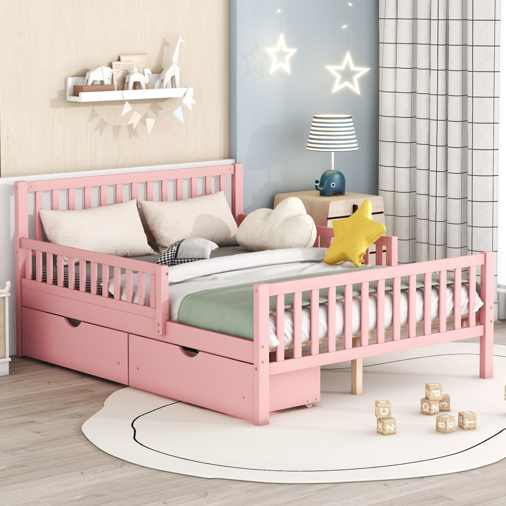 Wood Platform Bed with Guardrails on Both Sides