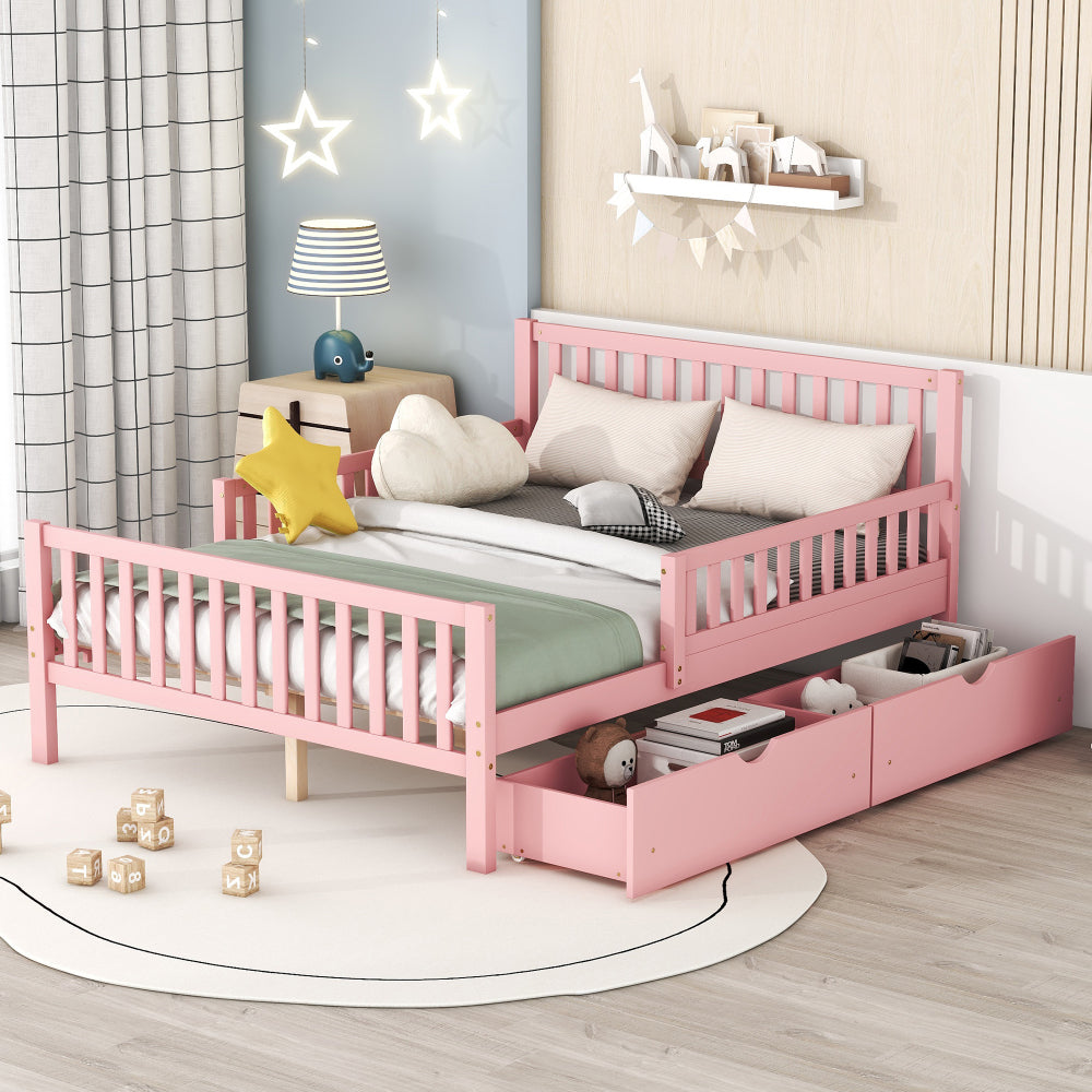 Wood Platform Bed with Guardrails on Both Sides