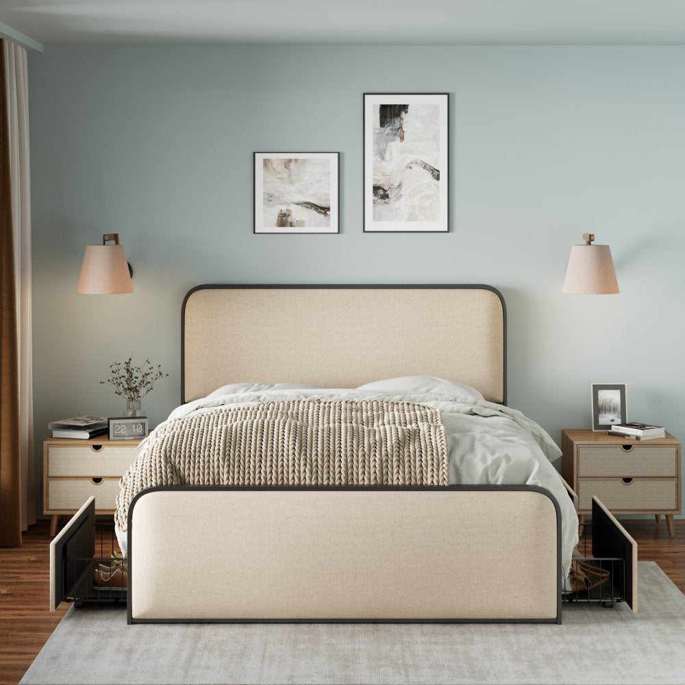 Upholstered Platform Bed with 4 Storage Drawers