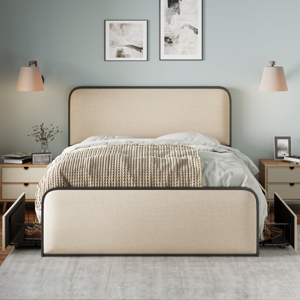 Upholstered Platform Bed with 4 Storage Drawers