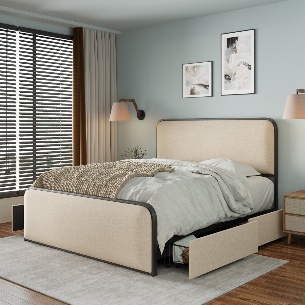 Upholstered Platform Bed with 4 Storage Drawers