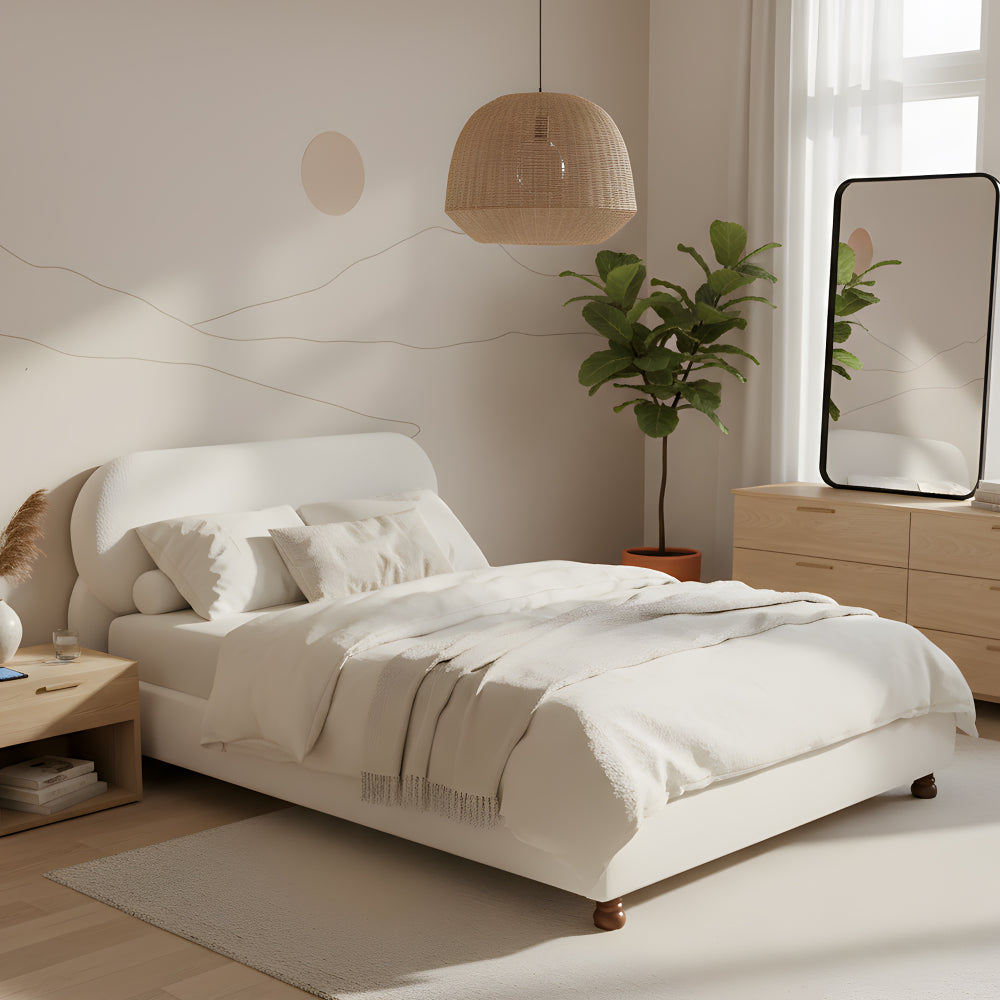 Cream Boucle Upholstered Platform Bed