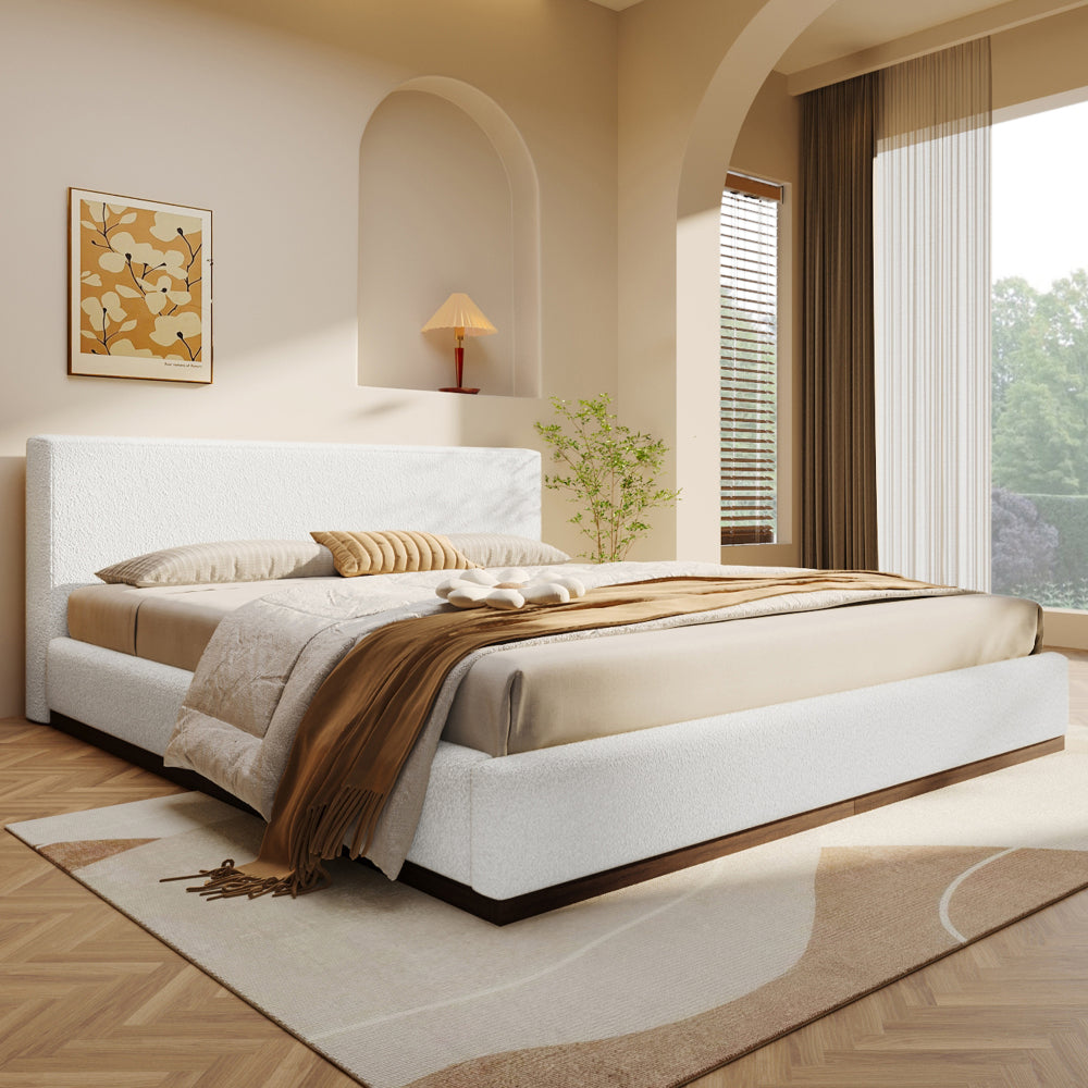 White Boucle Upholstered Platform Bed