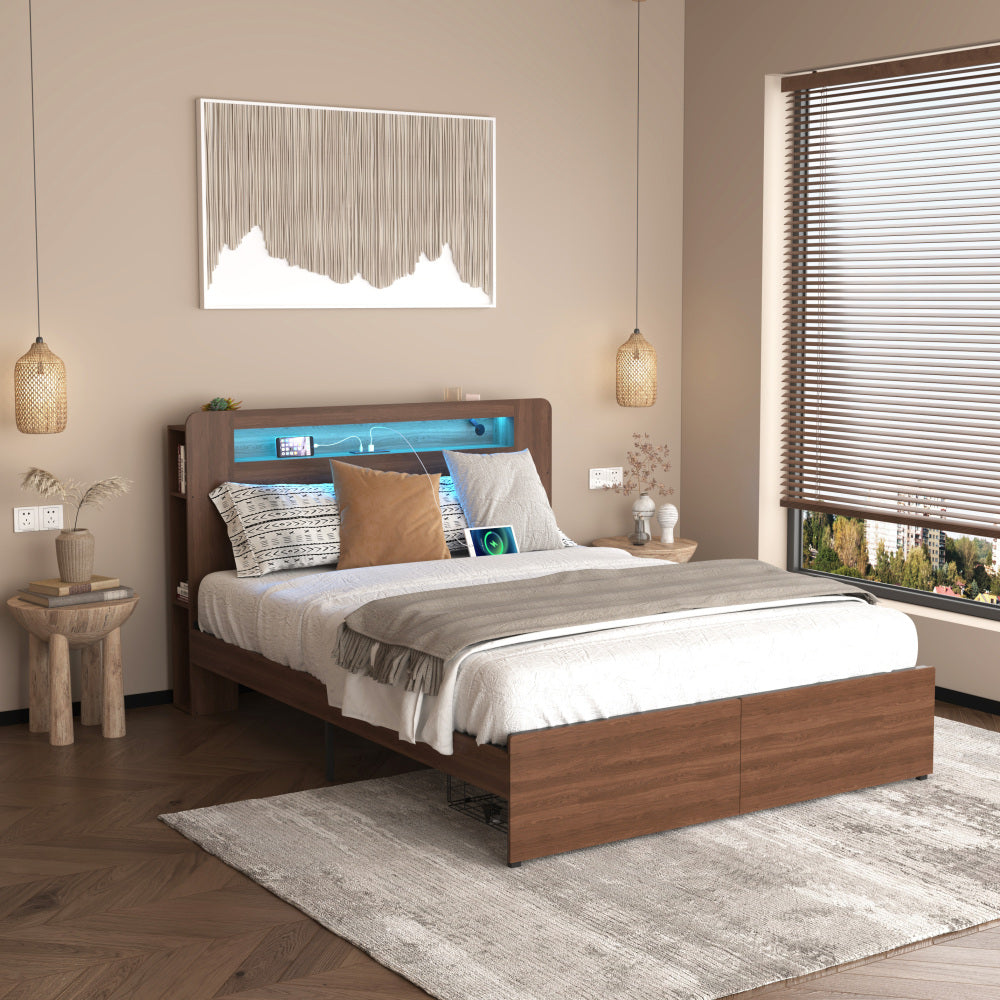 Wood Platform Bed with Bookshelf Storage Headboard