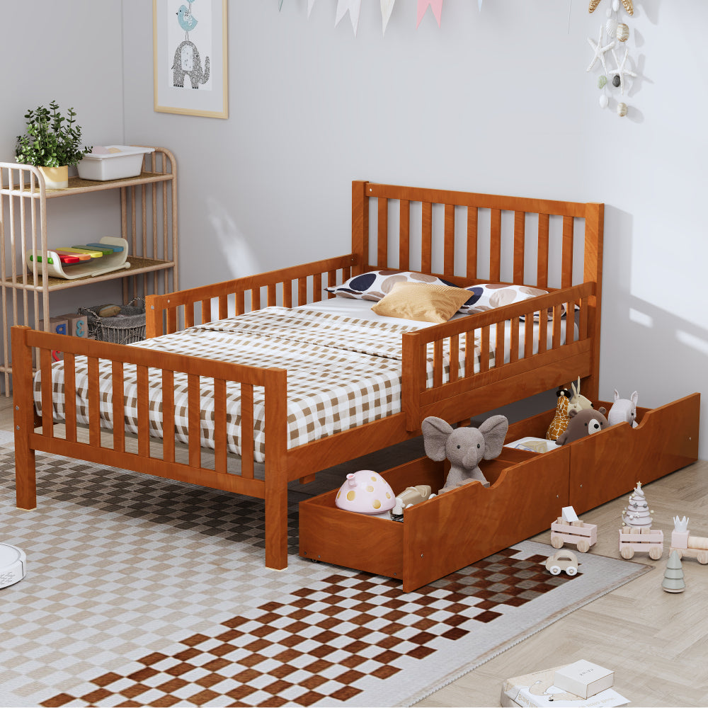Wood Platform Bed with Guardrails on Both Sides