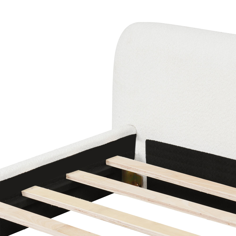 White Boucle Upholstered Low Profile Platform Bed