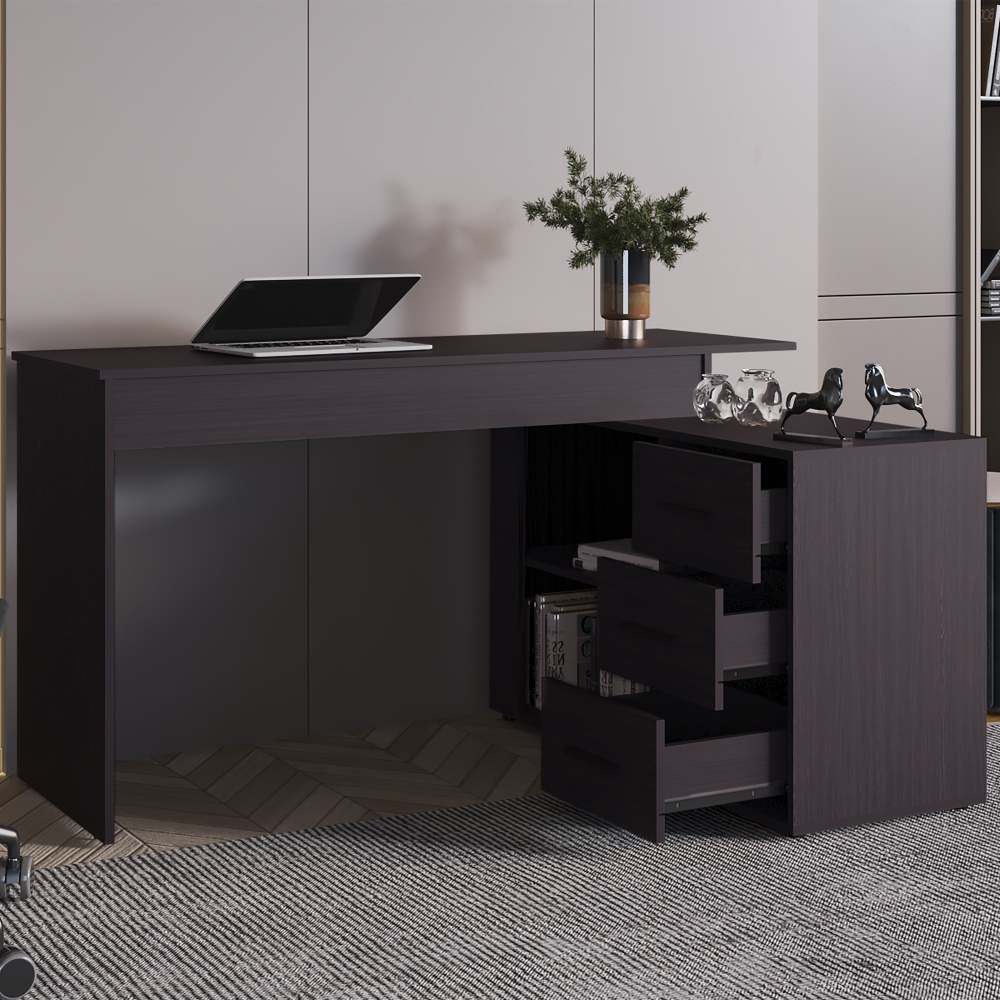 Wenge L-Shaped Desk with 3 Drawers and Storage