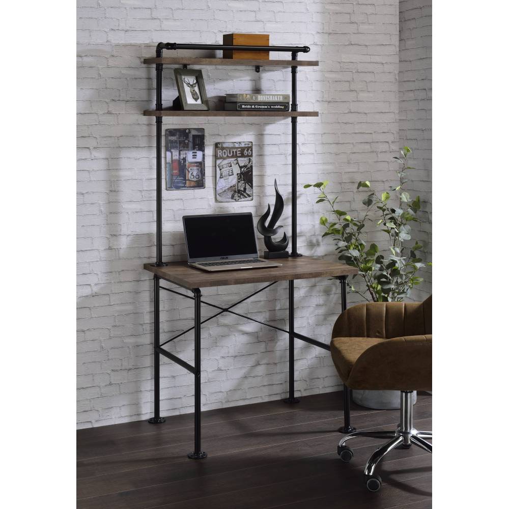 Rustic Oak and Black 2-Shelf Writing Desk