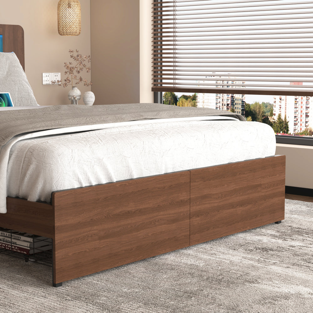 Wood Platform Bed with Bookshelf Storage Headboard