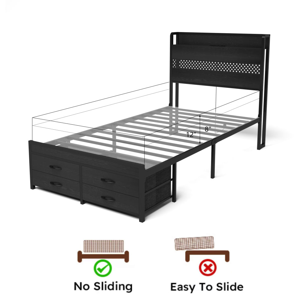 Metal Platform Bed with 4 Storage Drawers