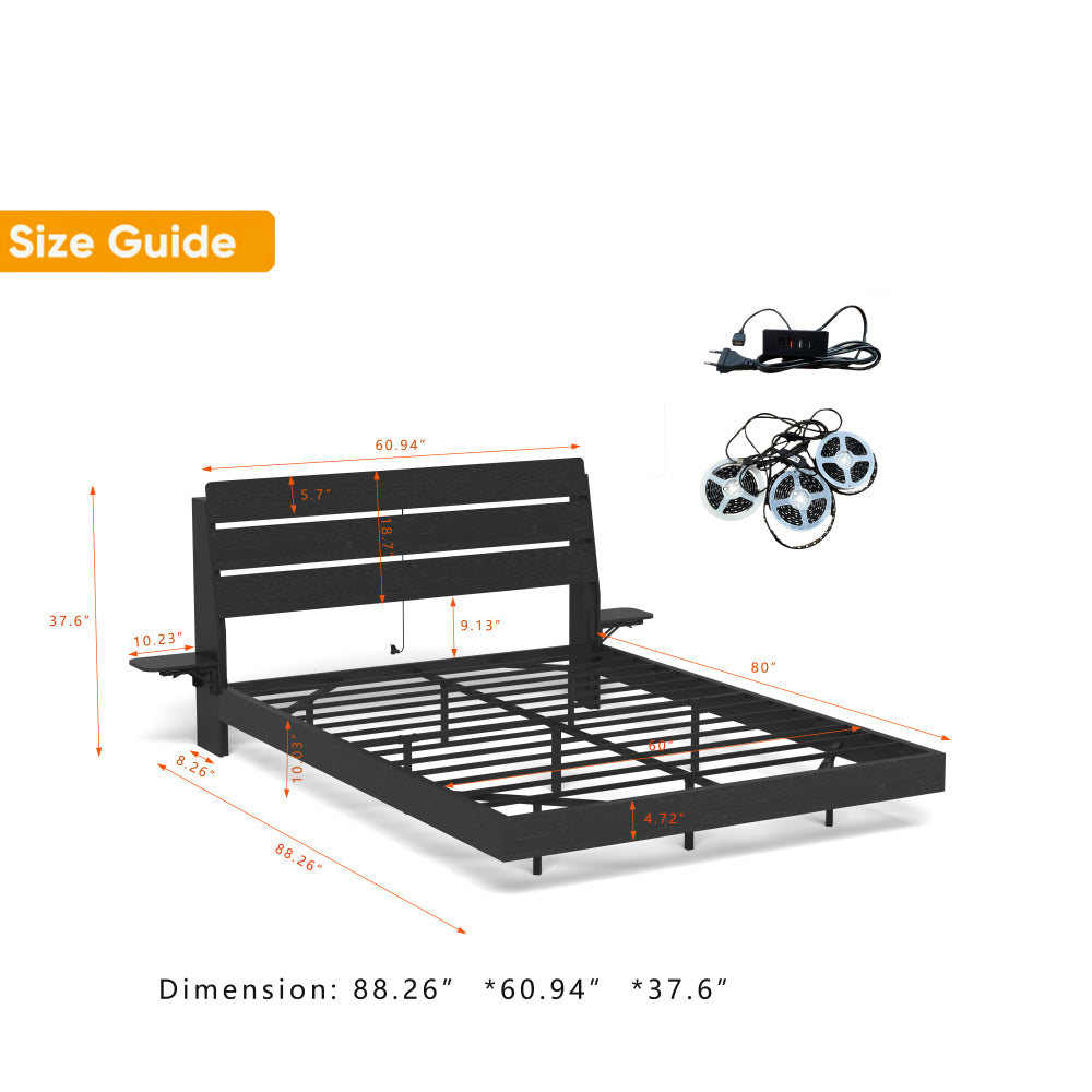 Wood Platform Bed with Bookshelf Storage Headboard