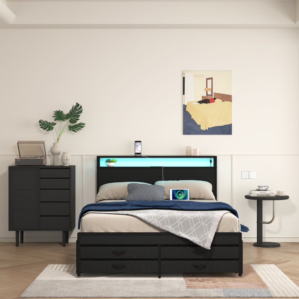 Metal Platform Bed with 4 Storage Drawers