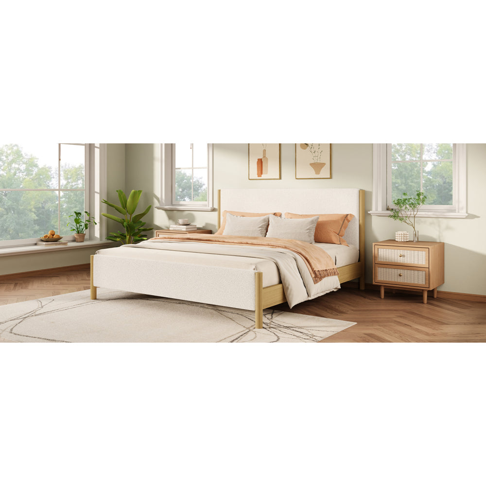 White Boucle Upholstered Platform Bed