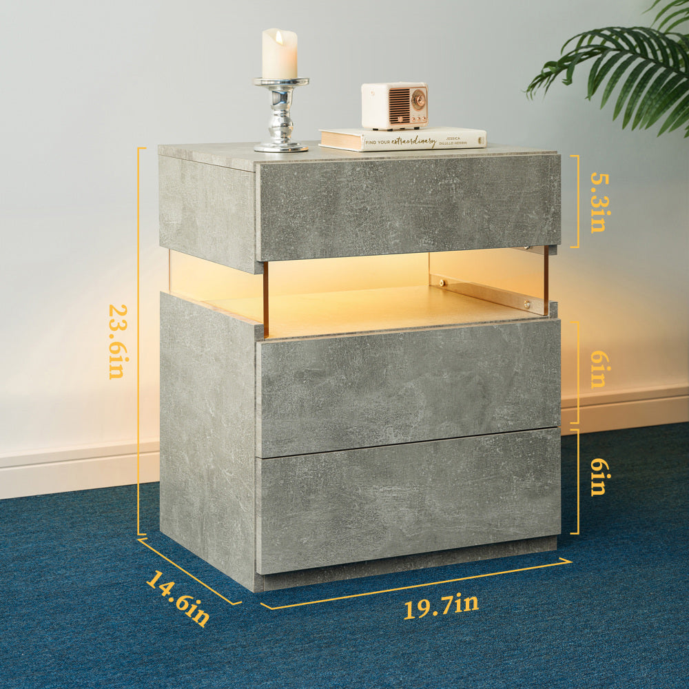LED Nightstand with 3 Drawers & Acrylic Board — Multi-Color RGB LED Bedside Table | Modern Dresser | Spacious Nightstand Storage | Remote-Controlled Lighting | Bedroom, Living Room & Dorm | Particle Board + MDF | Grey+Gold