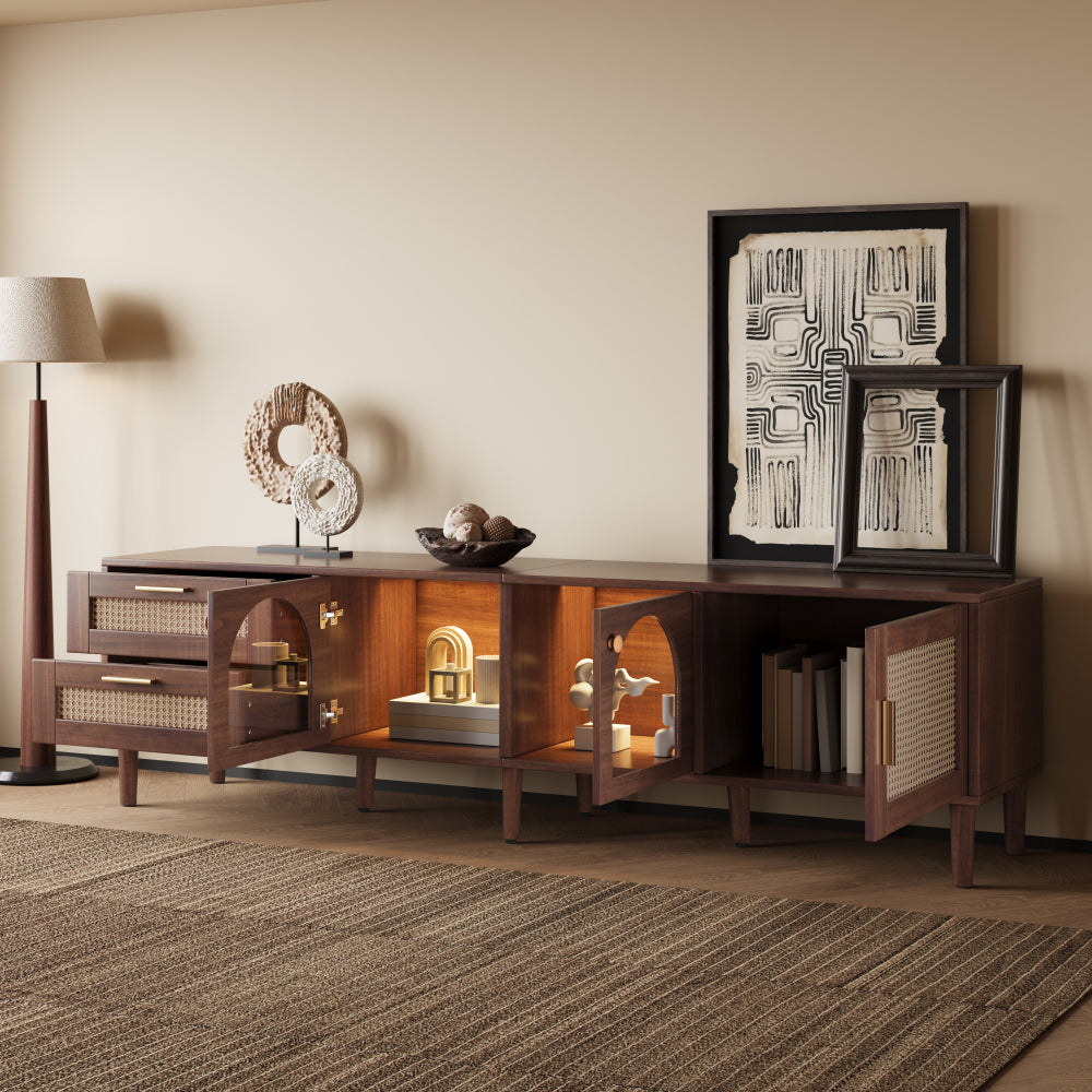 Rattan TV Stand with 3 Cabinets & 2 Drawers