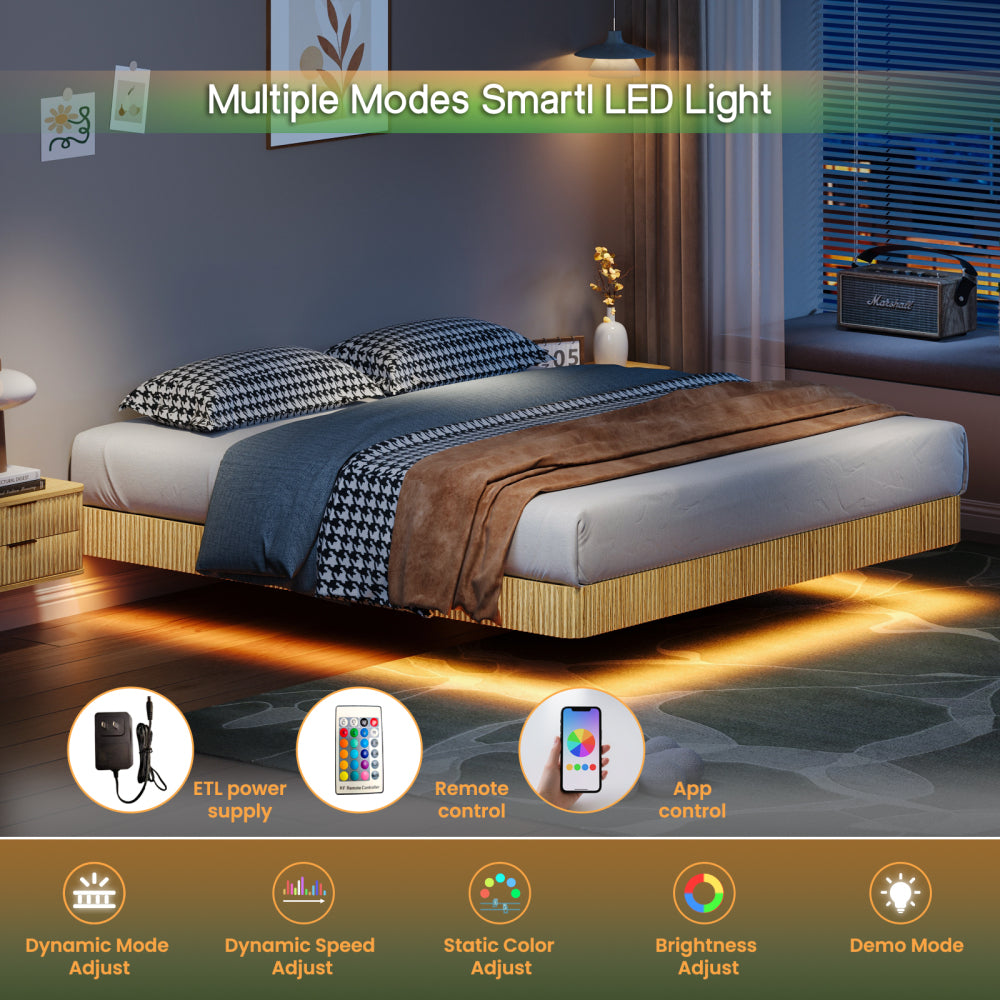 Oak King Floating Bed Frame with LED Lights