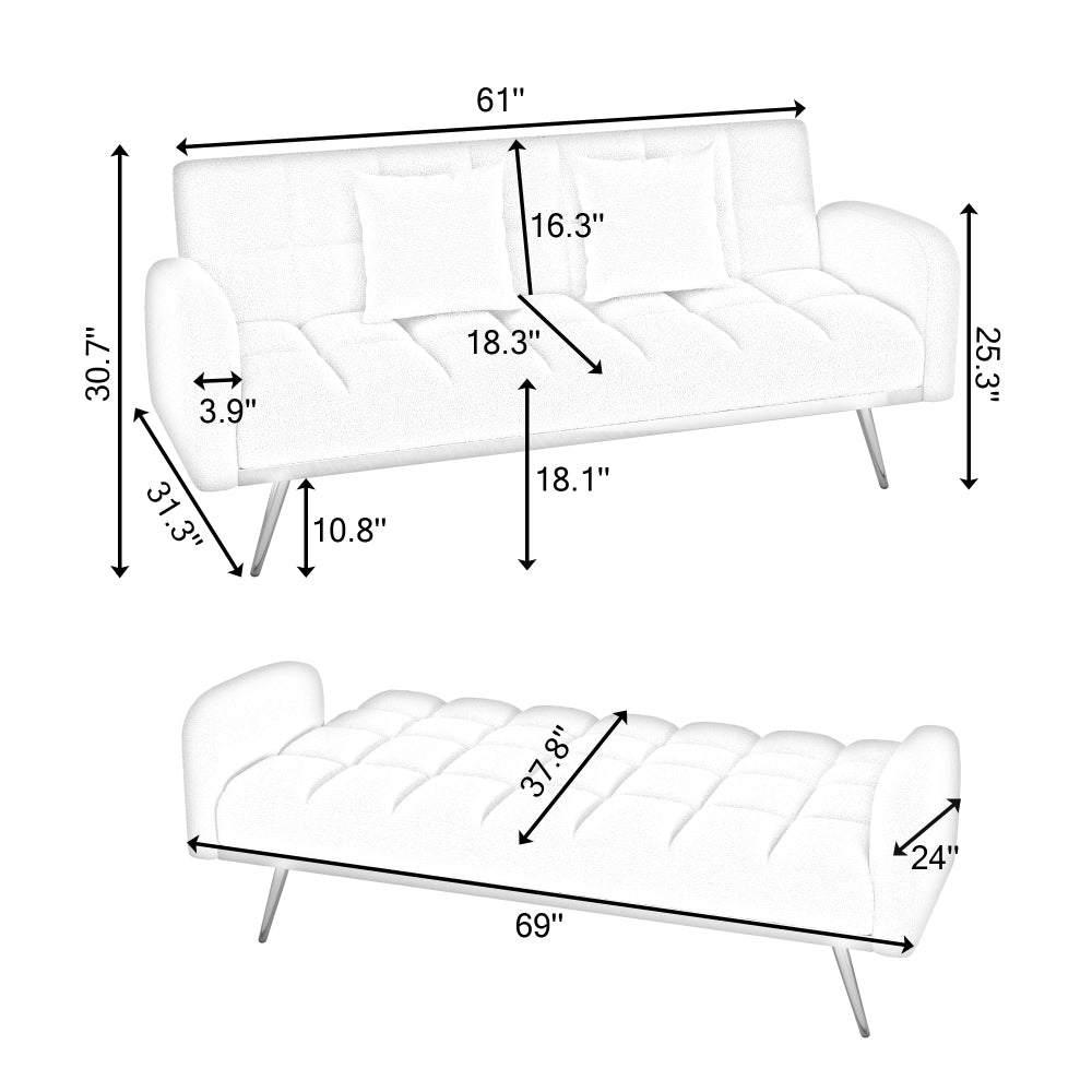 69" Soft Teddy Fleece Convertible Sofa Bed