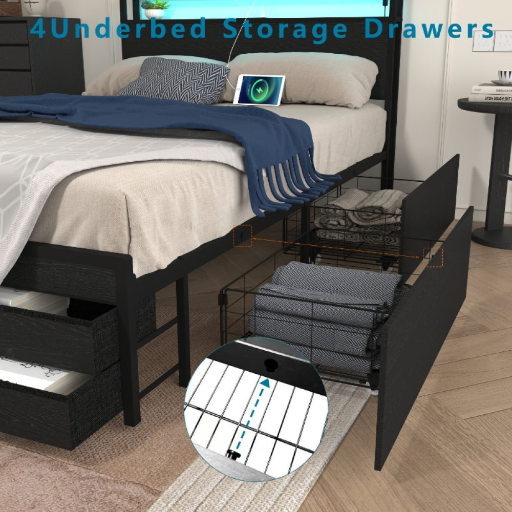 Metal Platform Bed with 4 Storage Drawers