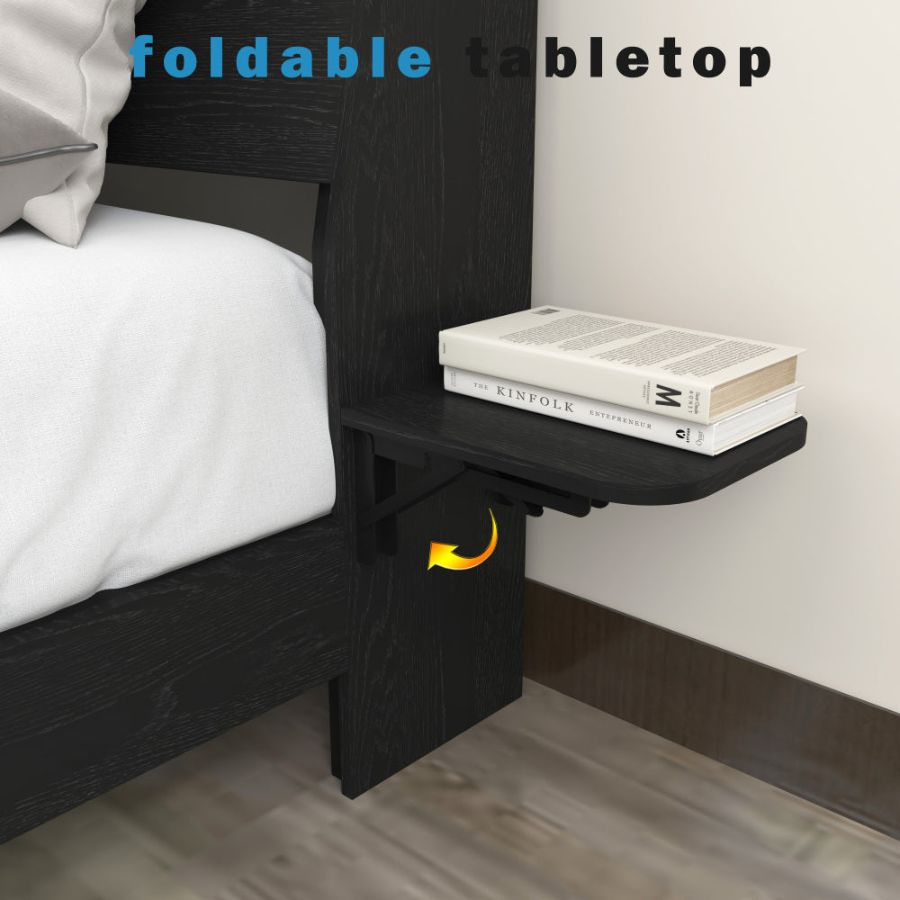 Wood Platform Bed with Bookshelf Storage Headboard