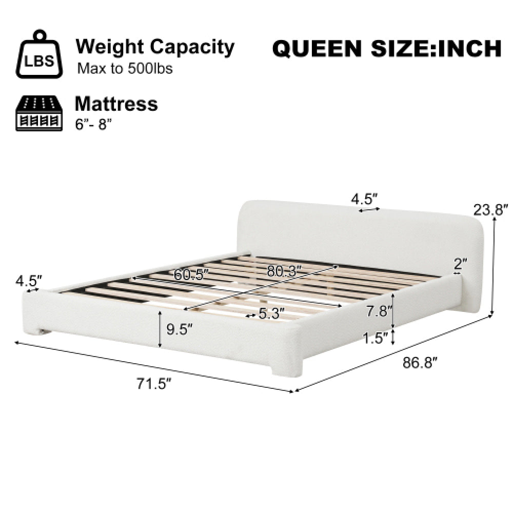 White Boucle Upholstered Low Profile Platform Bed