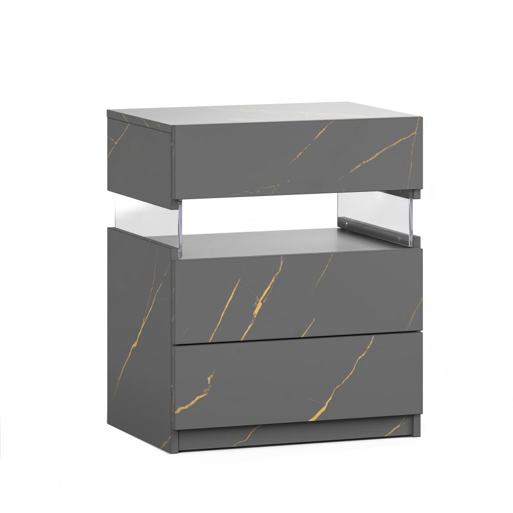 LED Nightstand with 3 Drawers & Acrylic Board — Multi-Color RGB LED Bedside Table | Modern Dresser | Spacious Nightstand Storage | Remote-Controlled Lighting | Bedroom, Living Room & Dorm | Particle Board + MDF | Grey+Gold