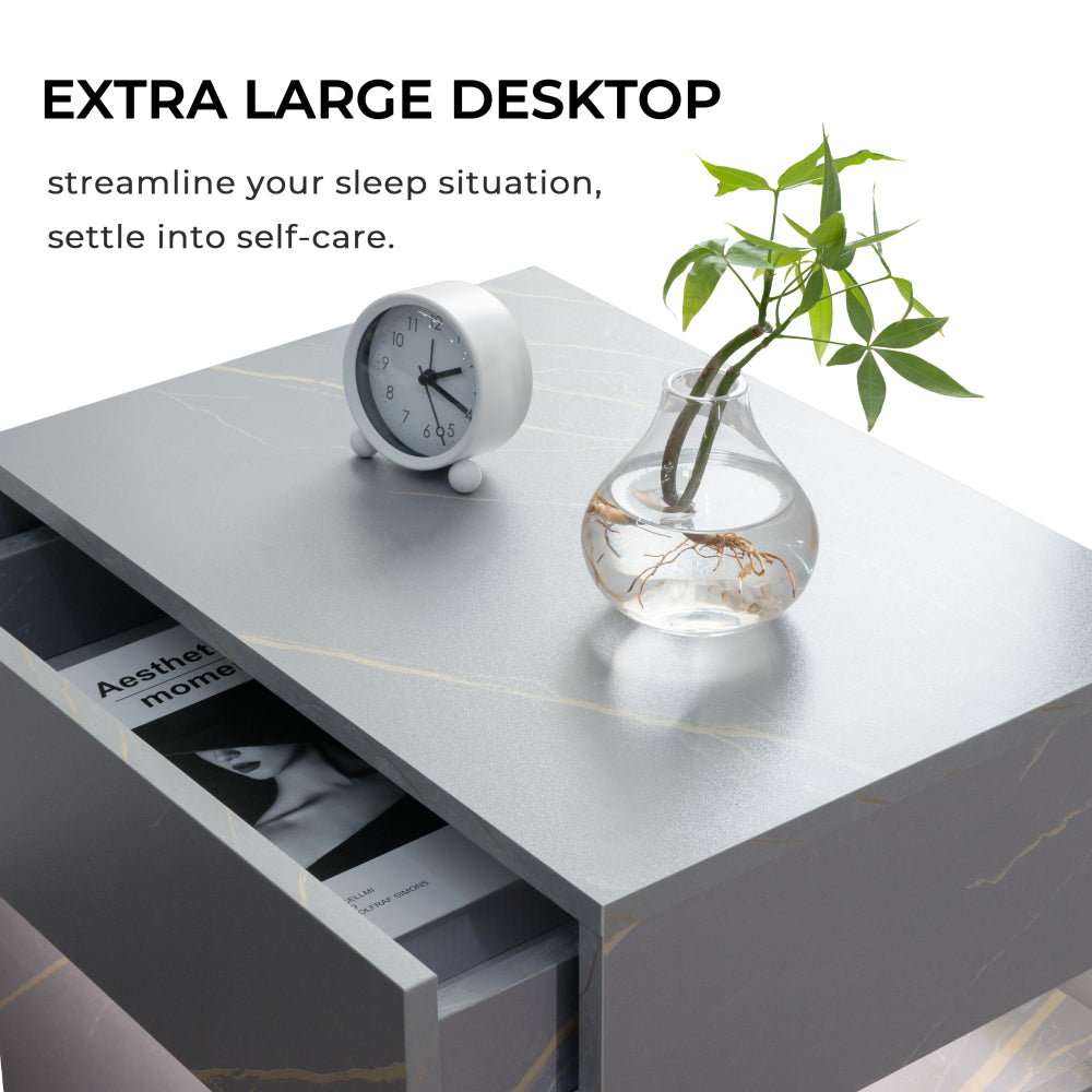 LED Nightstand with 3 Drawers & Acrylic Board — Multi-Color RGB LED Bedside Table | Modern Dresser | Spacious Nightstand Storage | Remote-Controlled Lighting | Bedroom, Living Room & Dorm | Particle Board + MDF | Grey+Gold