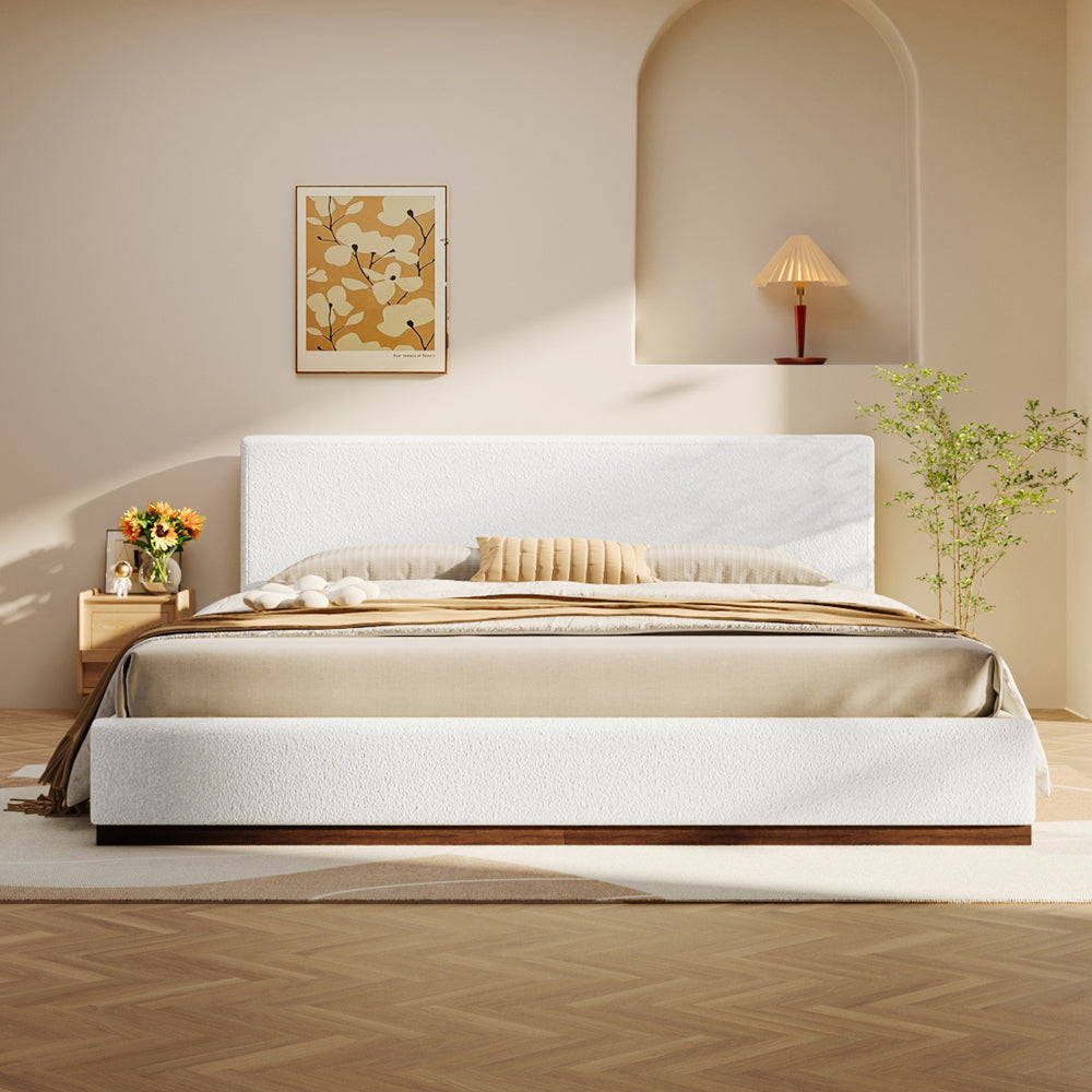 White Boucle Upholstered Platform Bed